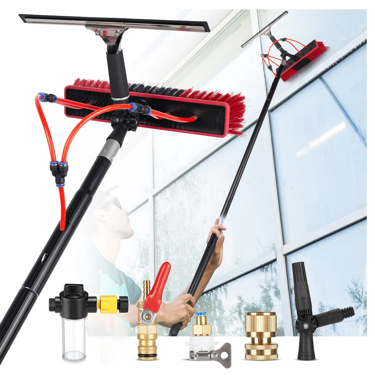 Kit de limpieza de ventanas de alimentación de agua, poste de aluminio de 10 m con cepillo de 35 cm, dispensador de jabón y manguera de 20 m, ideal para limpieza de paneles solares y ventanas altas