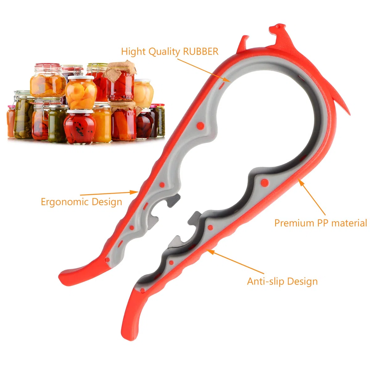 Abridor de tapas 6 en 1, abrelatas y botellas, tarros y latas para personas mayores con artritis o manos débiles, resistente y borde liso, color rojo