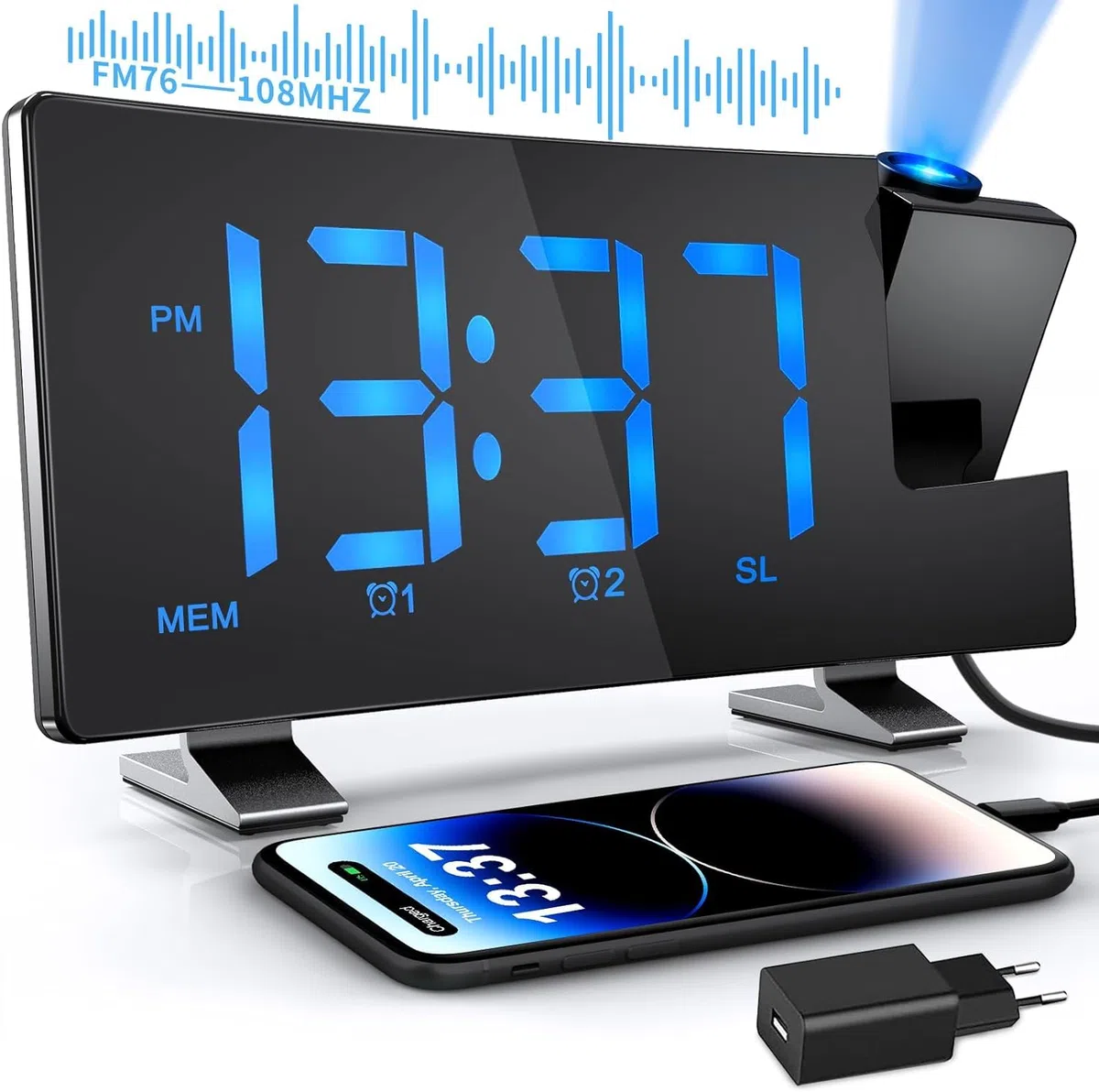 TAKRINK Radio Despertador Proyección de Techo Proyector De Techo con Radio FM Pantalla Grande Led 12 24h Puerto De Carga USB Dual Despertadores De Brillo Ajustable 15 Niveles De Volumen