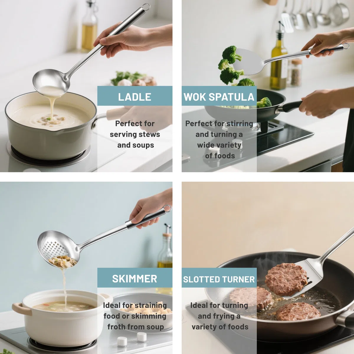 Pleafind Utensilios de cocina acero inoxidable, 9 piezas, con Cucharones de cocina, Espumadera, Espátula, Espátula ranurada, Varillas Cocina, Cuchara para Pasta, Machacador de Patatas, Pinzas Cocina