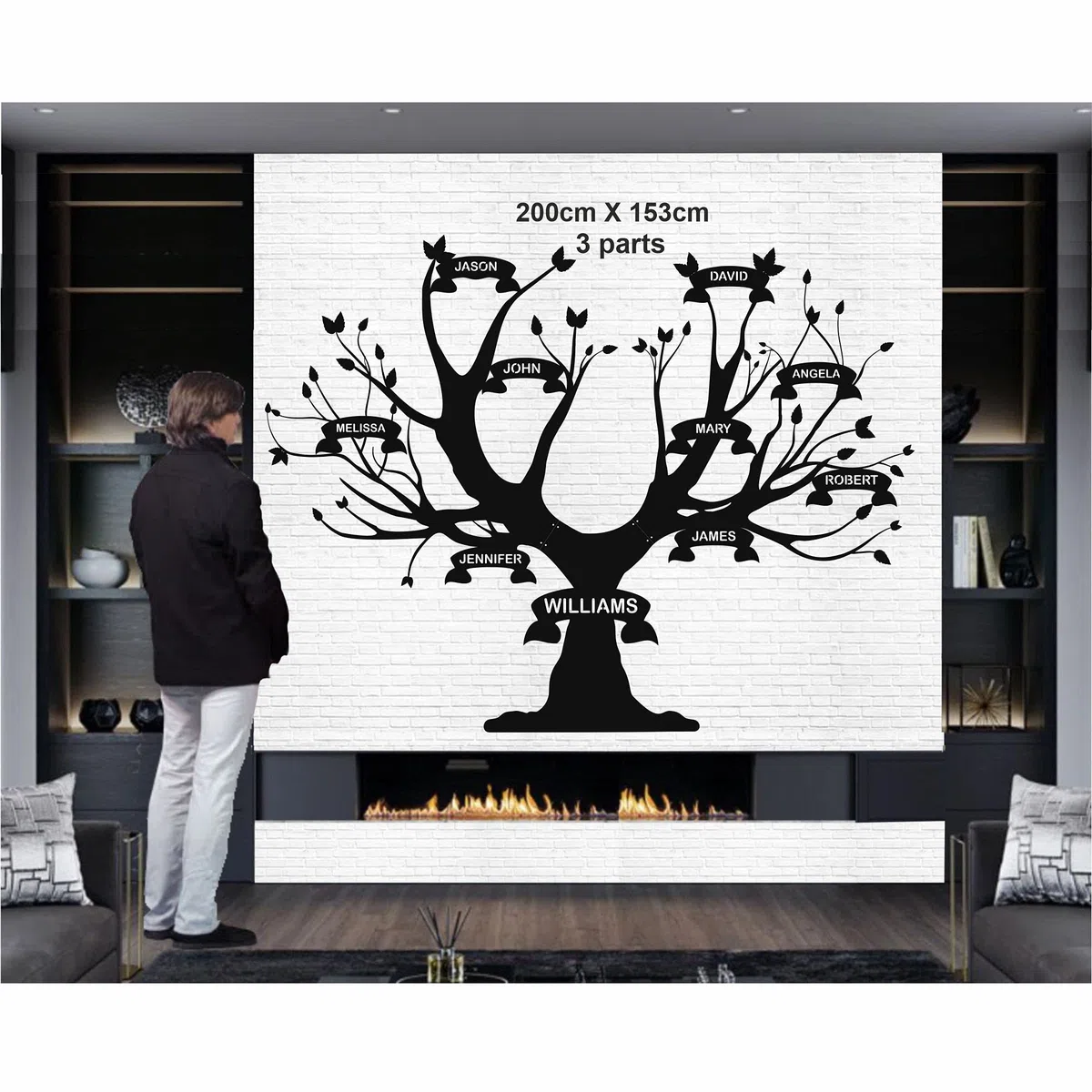 Decoración de pared de metal, álbum de árbol familiar, decoración de sala de estar, letrero de pared, arte de pared de metal, decoración de interiores, colgantes de interior y exterior (200 x 153 cm)