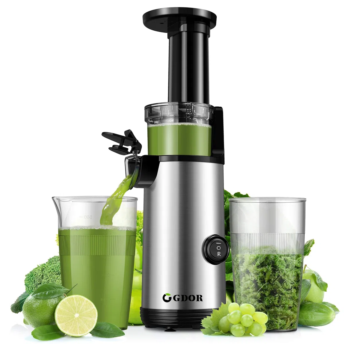 GDOR Licuadora Prensado En Frio Potente Juicer Juicer Machine Fácil de Limpiar Extractor de Jugo Compacto con Alto Rendimiento de Jugo, Vaso de Jugo de 600 ml, Cepillo Incluido, Sin BPA, Plateado