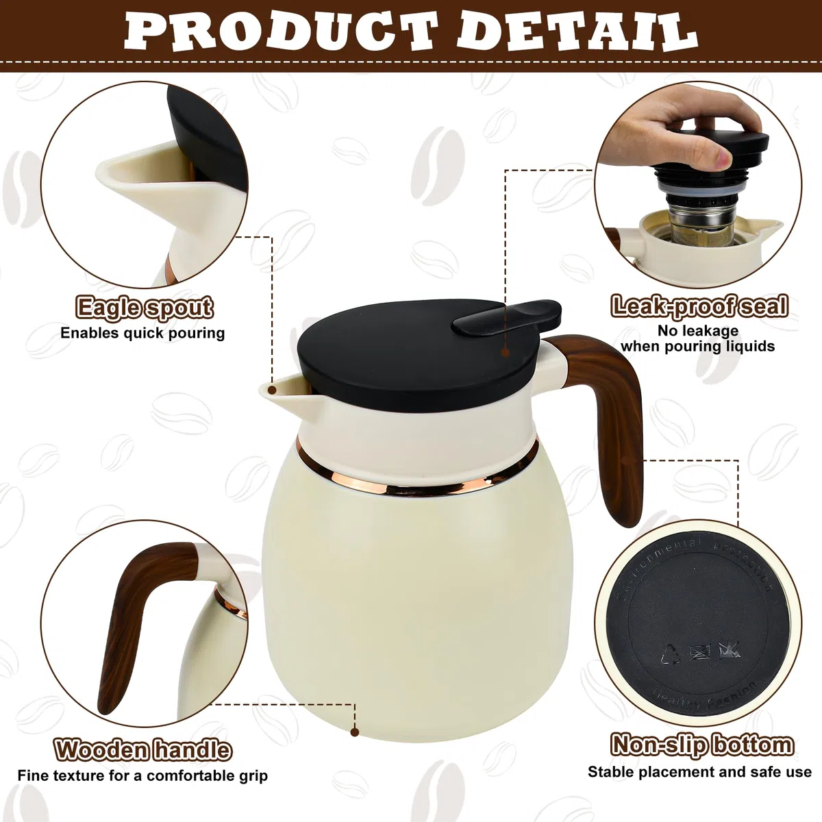 Jarra Térmica para Café de Acero Inoxidable Jarra de Café de Doble Pared al Vacío Jarra Aislante con Colador de Té Desmontable para Café Té Agua Bebida (Blanca)