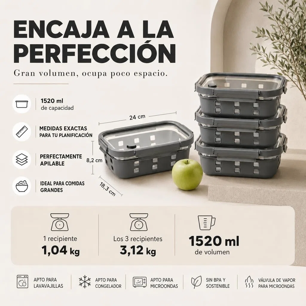 Fiambreras de Cristal Borosilicato – Set Meal Prep 3x1520 Mililitros, Recipientes Herméticos Apilables, Aptos para Microondas con Válvula de Vapor, Funda Silicona Anti-Impacto