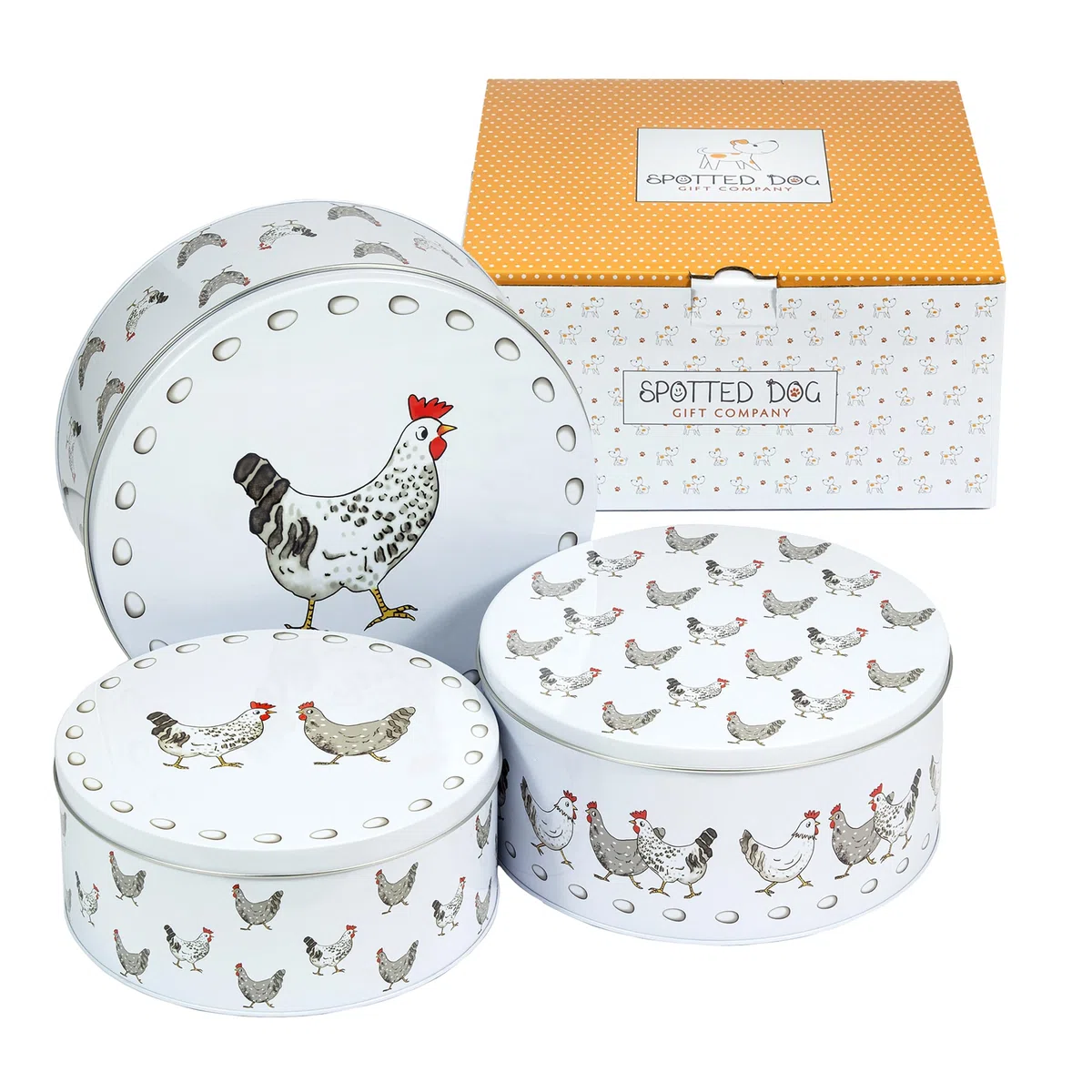 SPOTTED DOG GIFT COMPANY Juego de 3 Latas Almacenamiento para Tartas Redondas, Cajas para Galletas y Pasteles de Metal, Apilables Herméticos, Pequeño 20x9, Mediano 22x10, Grande 25x11cm - Gallinas