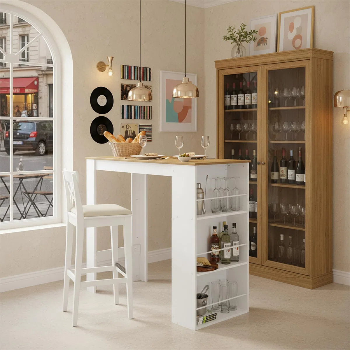 buybyroom Mesa de Bar con Espacio de Almacenamiento, Mesa de Bar de Cocina, Barra de Bar para Cocina, salón, Comedor, 112×57×106 cm, Blanco + Roble Claro