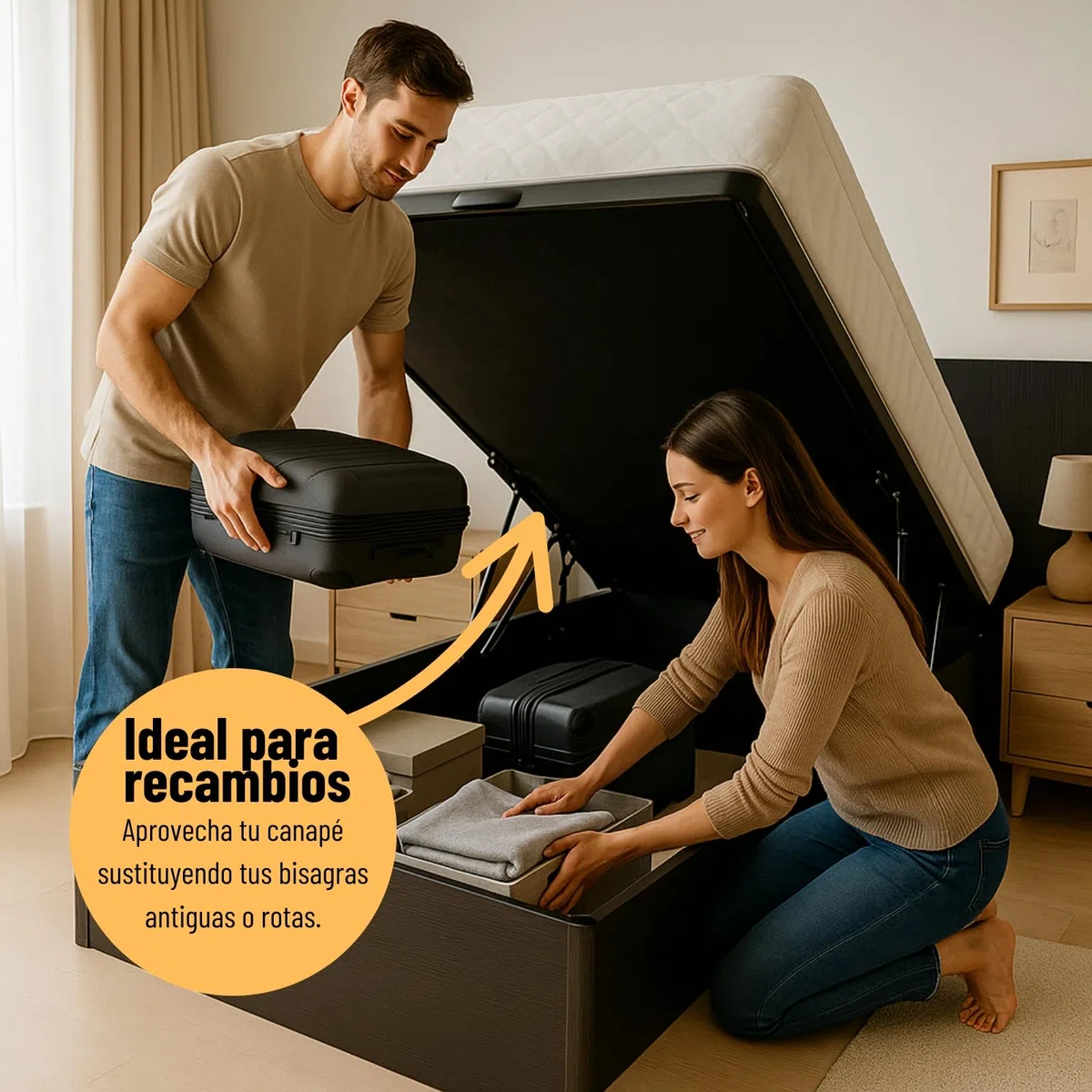 VERDU - Kit Bisagra Canape 135x190 o Canapes 150x190 con Amortiguador Canape, Tornilleria y Arquillo Fabricado en Acero Negro Facil Instalacion, Movilidad Suave para Cama Abatible (Canapé 105x190)