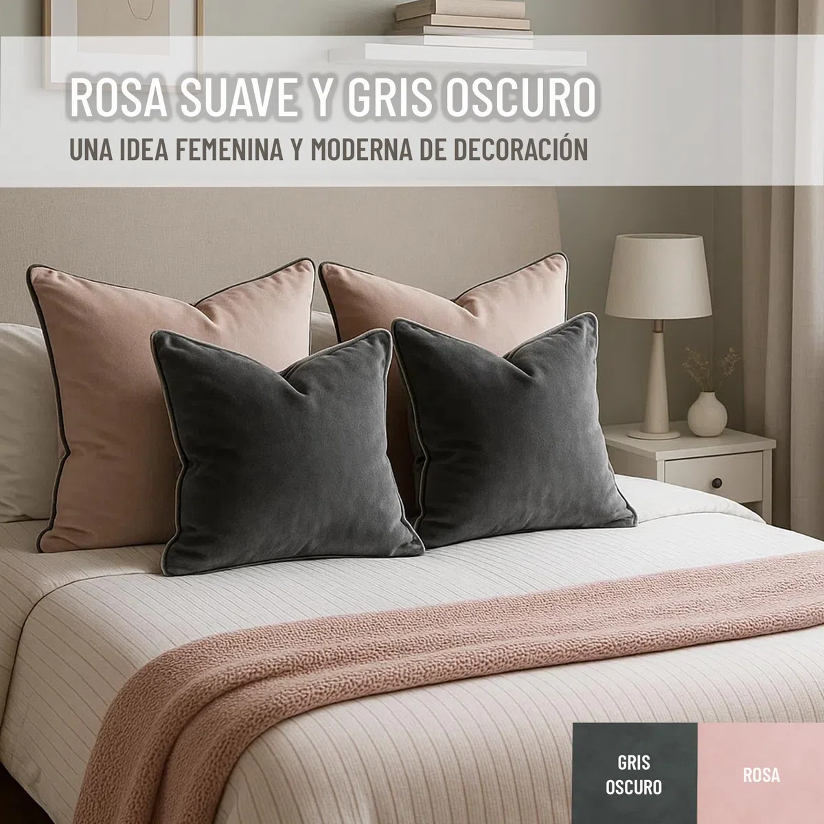 Set de 2 Fundas Cojín Terciopelo 30x50 cm – Cojines Decorativos sofá Cama salón. Funda cojín con Ribete. Relleno no Incluido. (Rosa y Gris)