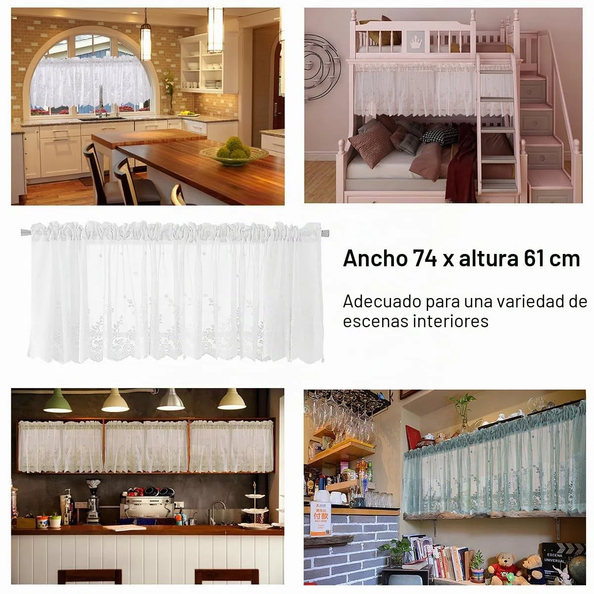 POFET 4 Paneles de Encaje Bordado Ventana Pequeña Voile Gasa Volante de Escalones para Cocina, Café, Medias Cortinas con Volante para Decoración del Hogar, etc. 74x61cm, Blanco