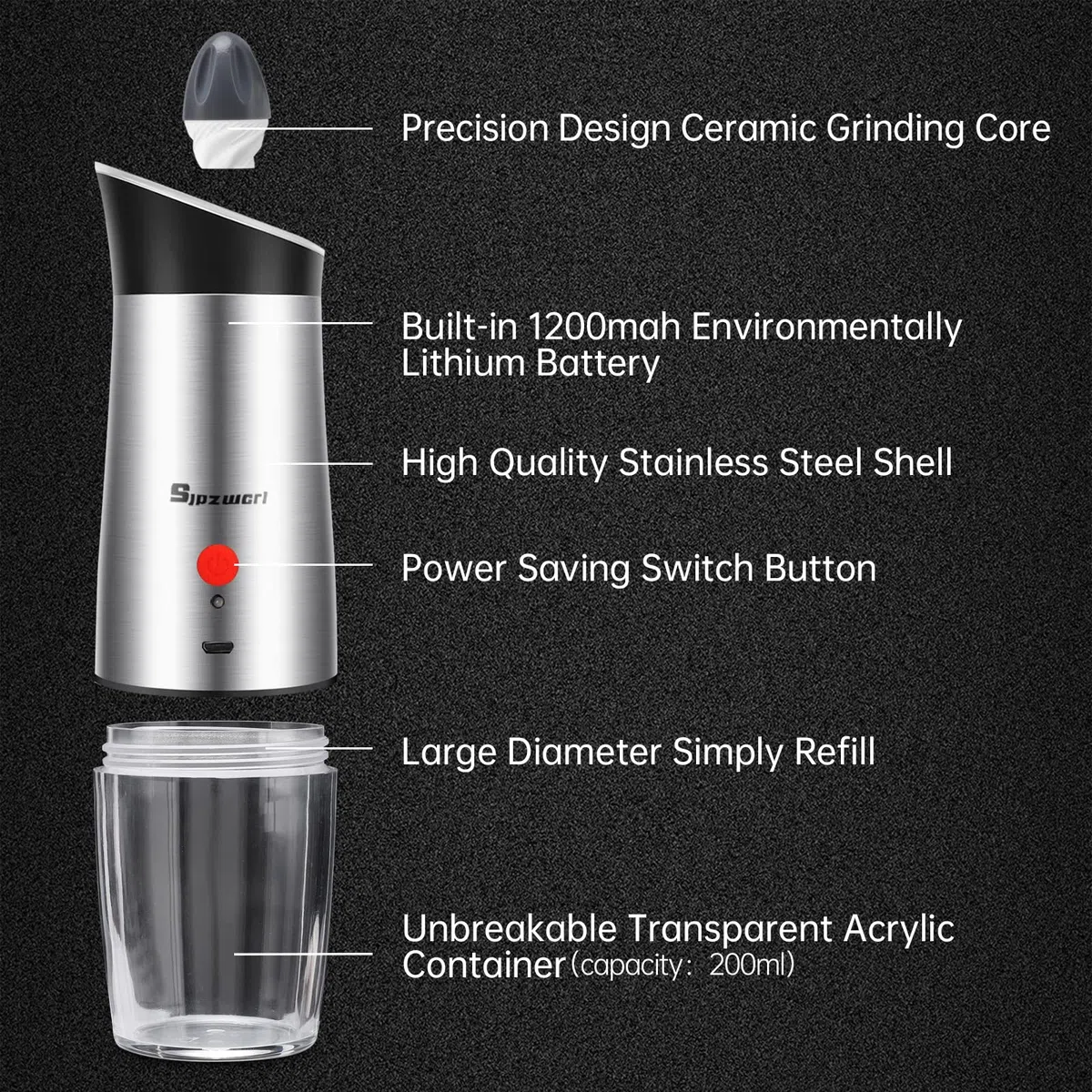 Sjpzwcrl molinillo sal y pimienta electrico: - molinillos especias pimentero Eléctrico bateria molino sala usb recargable Grosor ajustable automatico con luz, 1 pcs