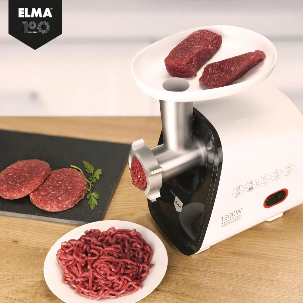 ELMA Picadora de carne eléctrica MULTI5 – Máquina Multifunción 5 en 1 | 350 W, Cabezal de Aluminio, Función Reverse, Accesorios Incluidos