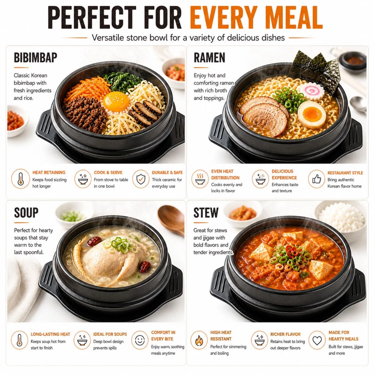 Cuenco de piedra coreano para cocinar Bibimbap, espodumena apta para altas temperaturas con bandeja, cerámica, negro, 800 ml