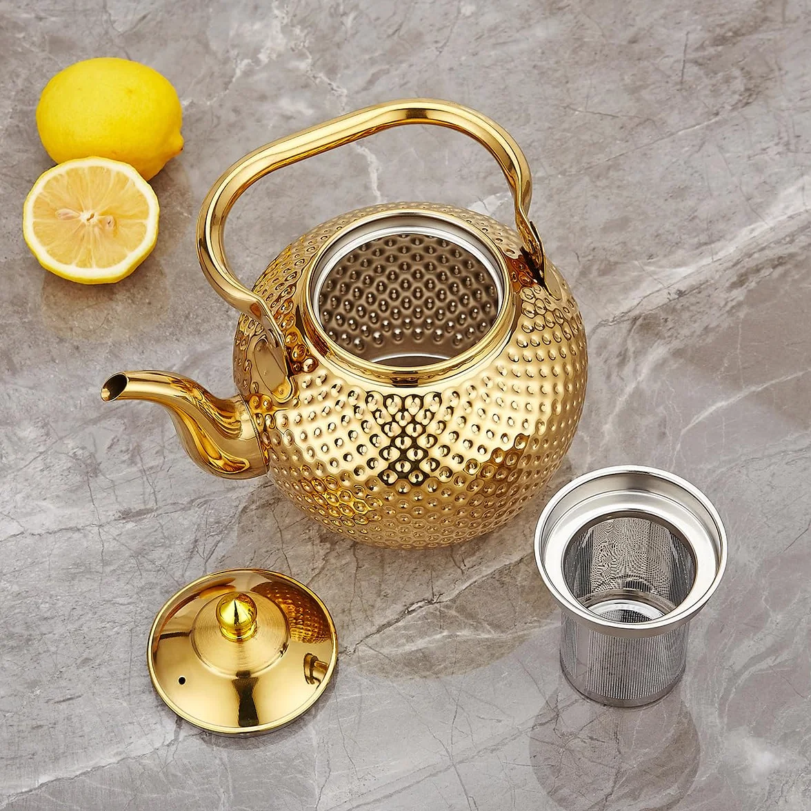 SANQIAHOME 1,2 litros Tetera de acero inoxidable con Filtro para infusiones extraíble,Cafetera, dorado