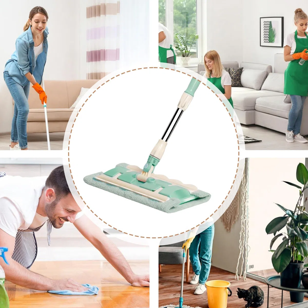 Mopa Plana De Microfibra 7 Almohadillas Mango Telescópico Fregado Rápido | Mopa Giratoria 360° Para Suelos Mantenimiento Diario Hogar Baño Cocina Tarima Azulejos Grandes Áreas