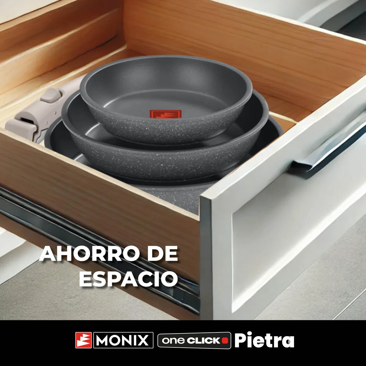 MONIX One Click Pietra | Batería 8 piezas, Aluminio Forjado con Antiadherente, libre de PFOA, Mango Desmontable, Apta para todo tipo de Cocinas, Incluida Inducción, Apilable para ahorro de Espacio