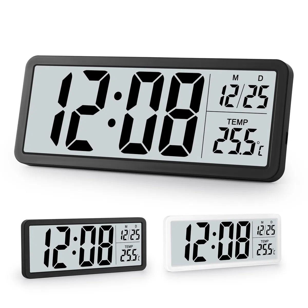 Sukeen Reloj de pared digital que funciona con pilas, reloj de pared digital con dígitos grandes, temperatura, 12/24 horas, reloj de escritorio para sala de estar, dormitorio, oficina, escuela, garaje