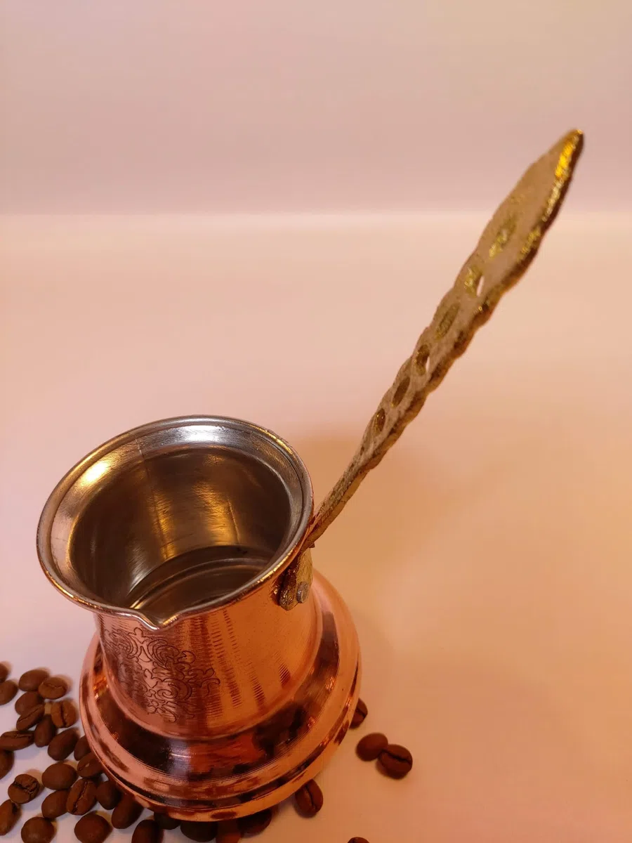 LEO Design Cafetera turca de 5 tamaños, cafetera griega árabe, estufa de café de 3 mm de grosor, martillada maciza, hecha a mano, de cobre, grabado Cezve Ibrik Briki con mango de madera/latón (mango