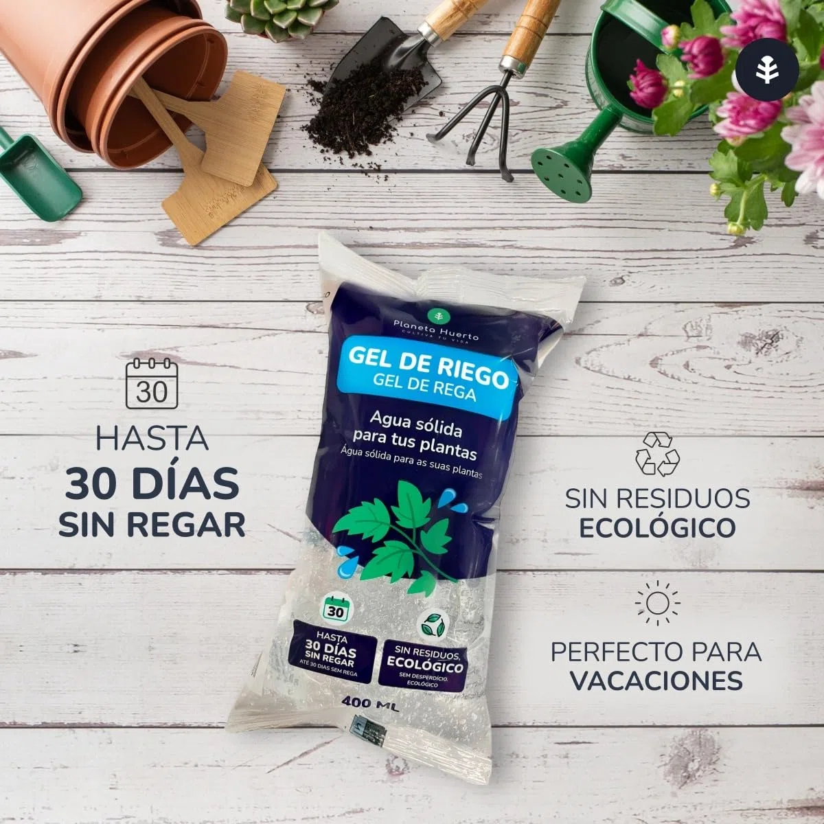 Planeta HUERTO | Pack 4 x Gel de Riego 400 ml Hidrogel Autorriego Plantas hasta 30 Días - Gel de Riego Automático para Macetas, Jardines, Huertos Urbanos y Plantas de Interior