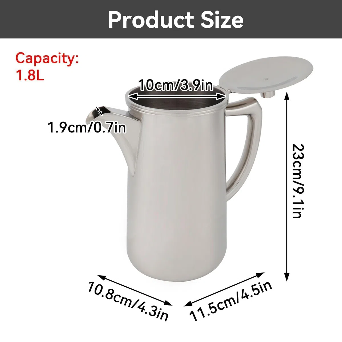 Jarra de acero inoxidable con asa, jarra de agua de 60.35 oz, 1,8 litros, hervidor de agua de gran capacidad con tapa para bebidas frías/calientes, té, leche, jugo