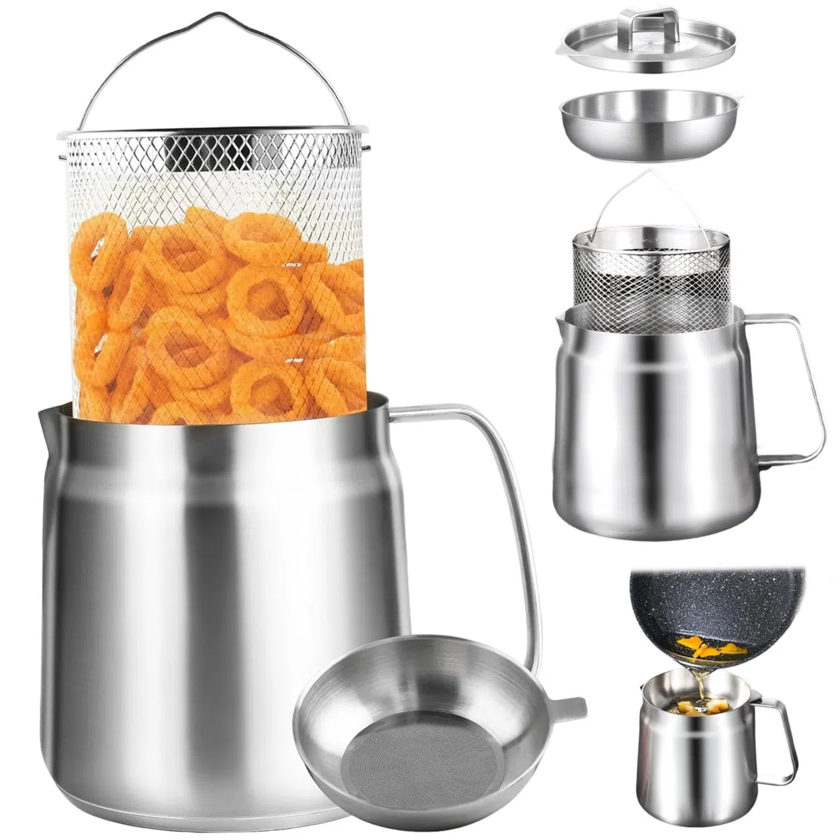 Olla de filtro de aceite de acero inoxidable, bota de freidora de 1.5L con filtro y cesta de freidora para cocina, red de tostado multifunción, recipiente de grasa de tanque ·