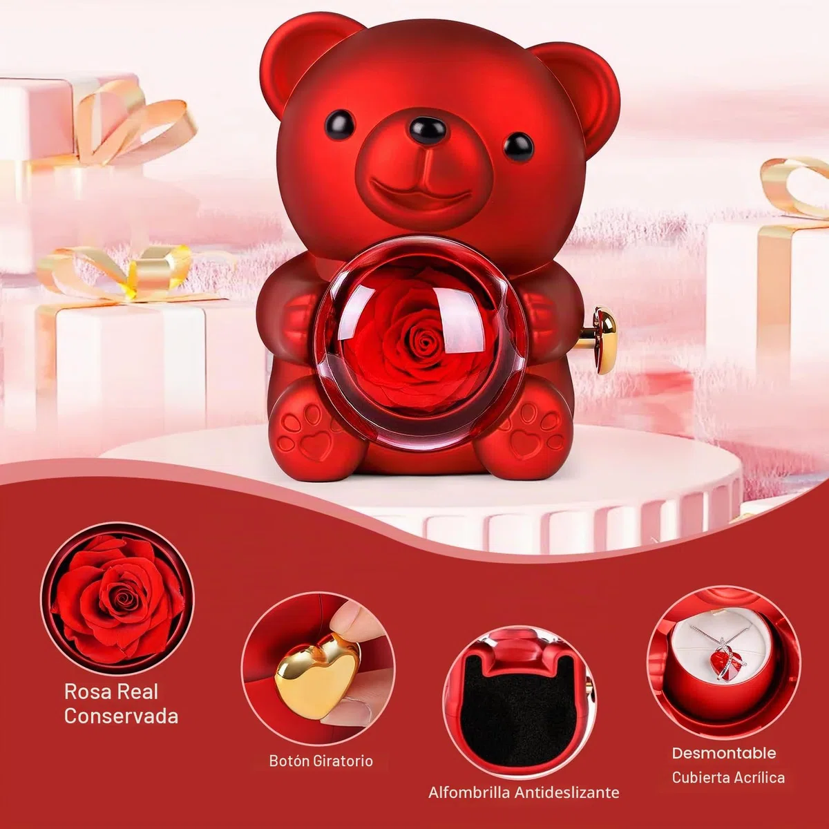 Oso con Rosa y Collar,Caja de Regalo de Oso de Rosa Eterna con Collar en Forma de Corazón,Oso de Rosa Eterna Natural Preservada Regalo para Mujer,Mama Aniversario,Día de San Valentín,Cumpleaño