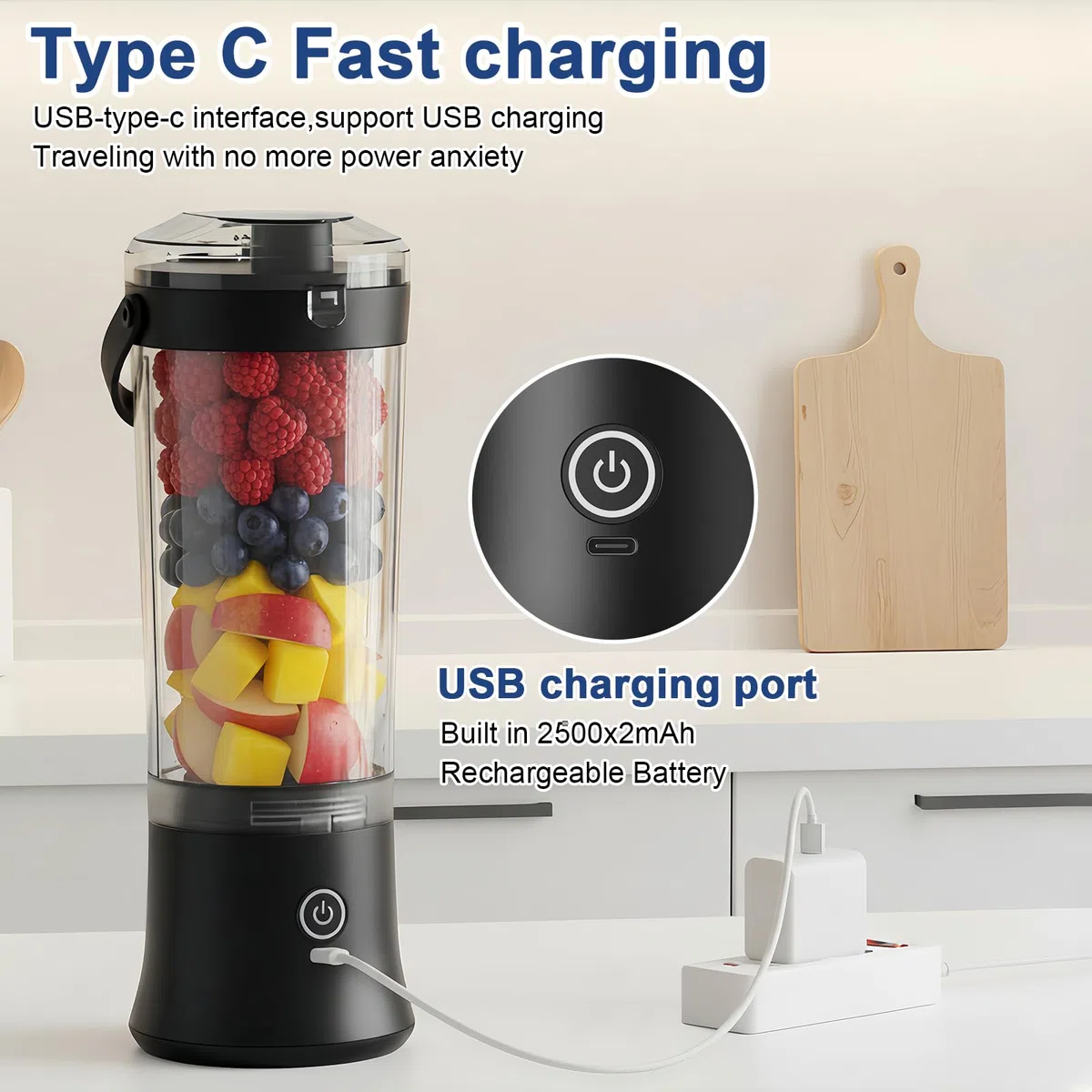 Licuadora portátil para batidos y smoothies,TOPESCT 500ml mini licuadora personal recargable por USB con 6 cuchillas ultra afiladas para viajes,oficina y deportes(Negro)