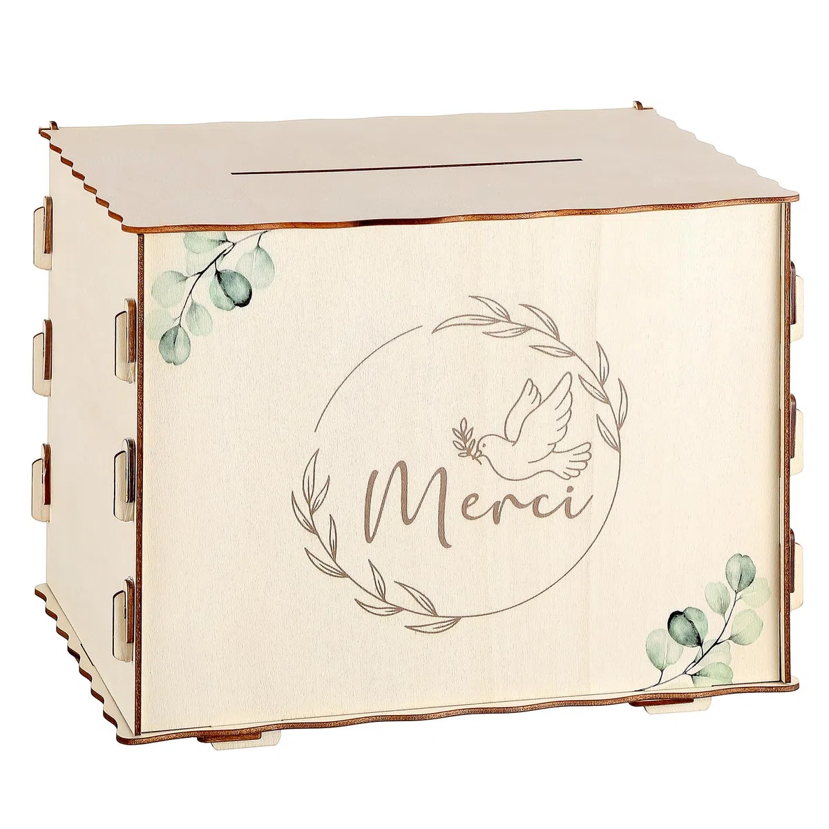 Namalu Urna de Cumpleaños Bautizo Caja deTarjetas Hucha de Madera Alcancía Decorativa para Bodas Decoración Festiva Caja de Regalo para Cartas Sobres y Dinero(Merci, Paloma, Eucalipto)
