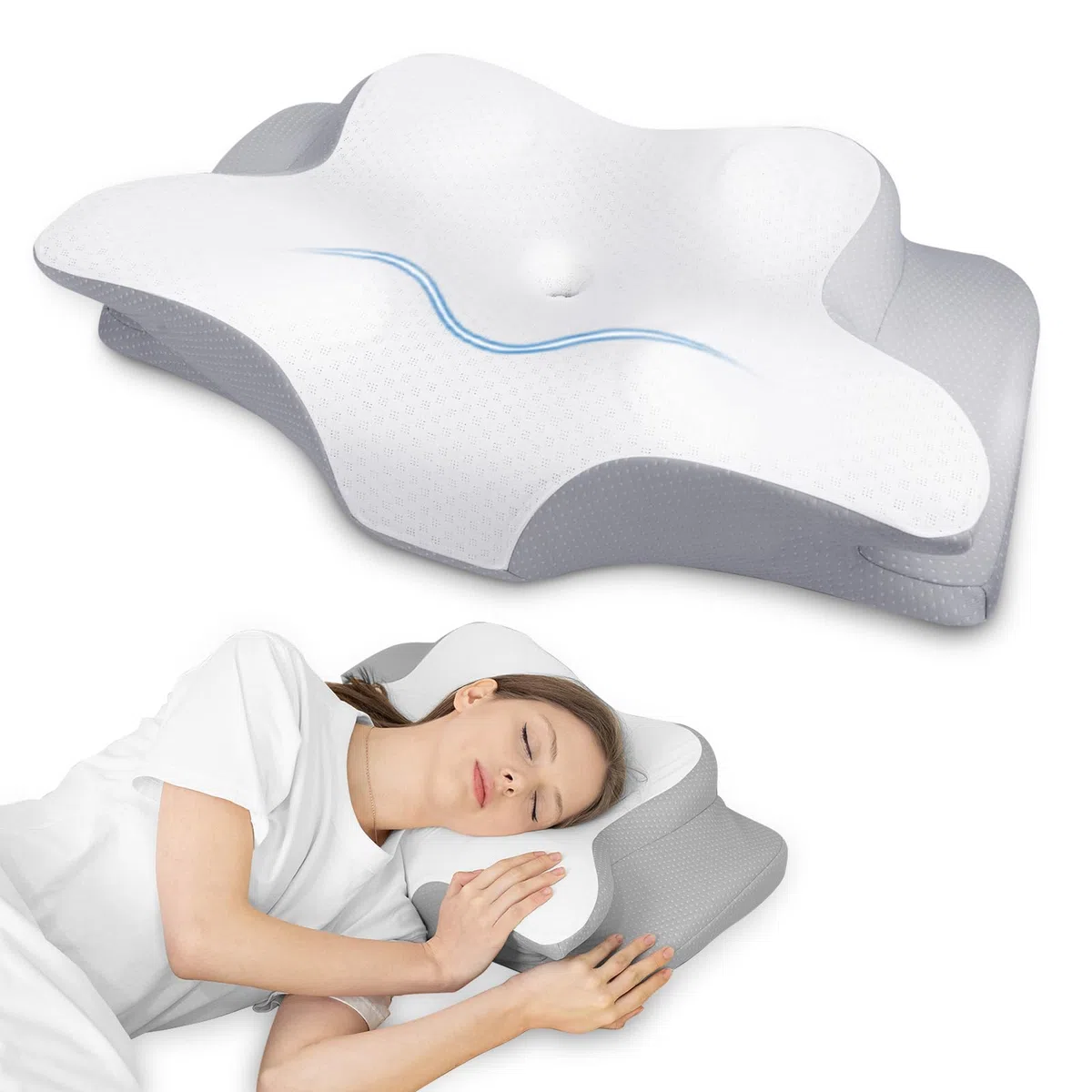 HOMCA Almohada Cervical de Espuma Viscoelastica, Almohada Ergonómica con Soporte para Cuello y Hombros, Almohadas para Dormir de Lado y de Espalda, Gris