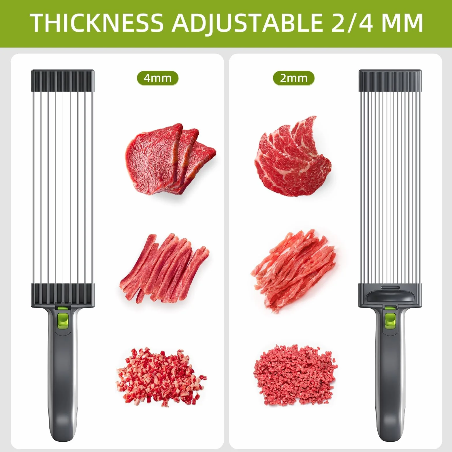 Cortadora multifuncional de carne cruda para carne fresca, grosor ajustable de 2 o 4 mm, cortadora manual con cepillo, gancho, afilador