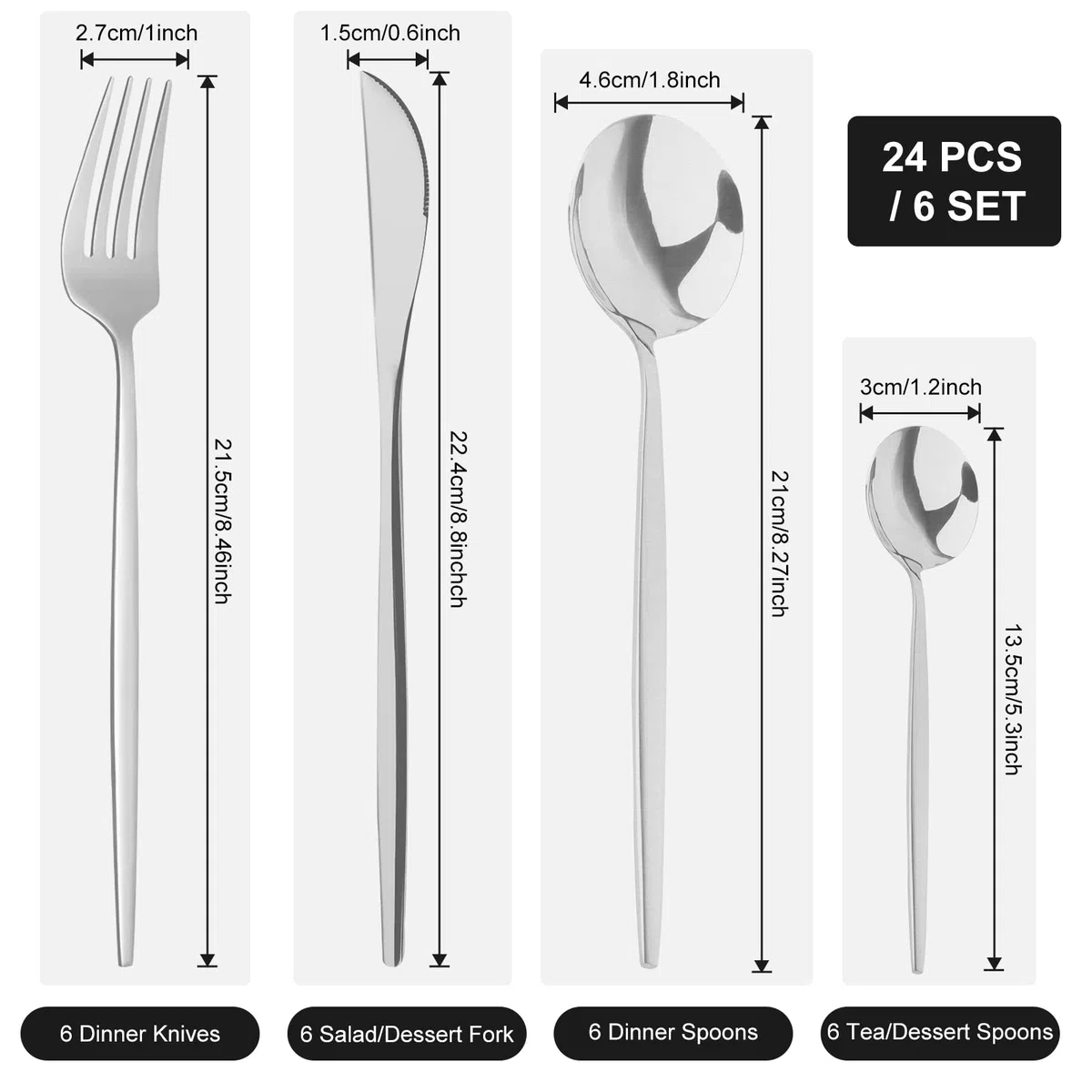 24 Piezas Juego de Cubiertos Acero Inoxidable Cuberterias Completas 6 Personas con Cuberteria Tenedores Cuchillo Cuchara Acabado Pulido Brillante Apto para Lavavajillas | Plata