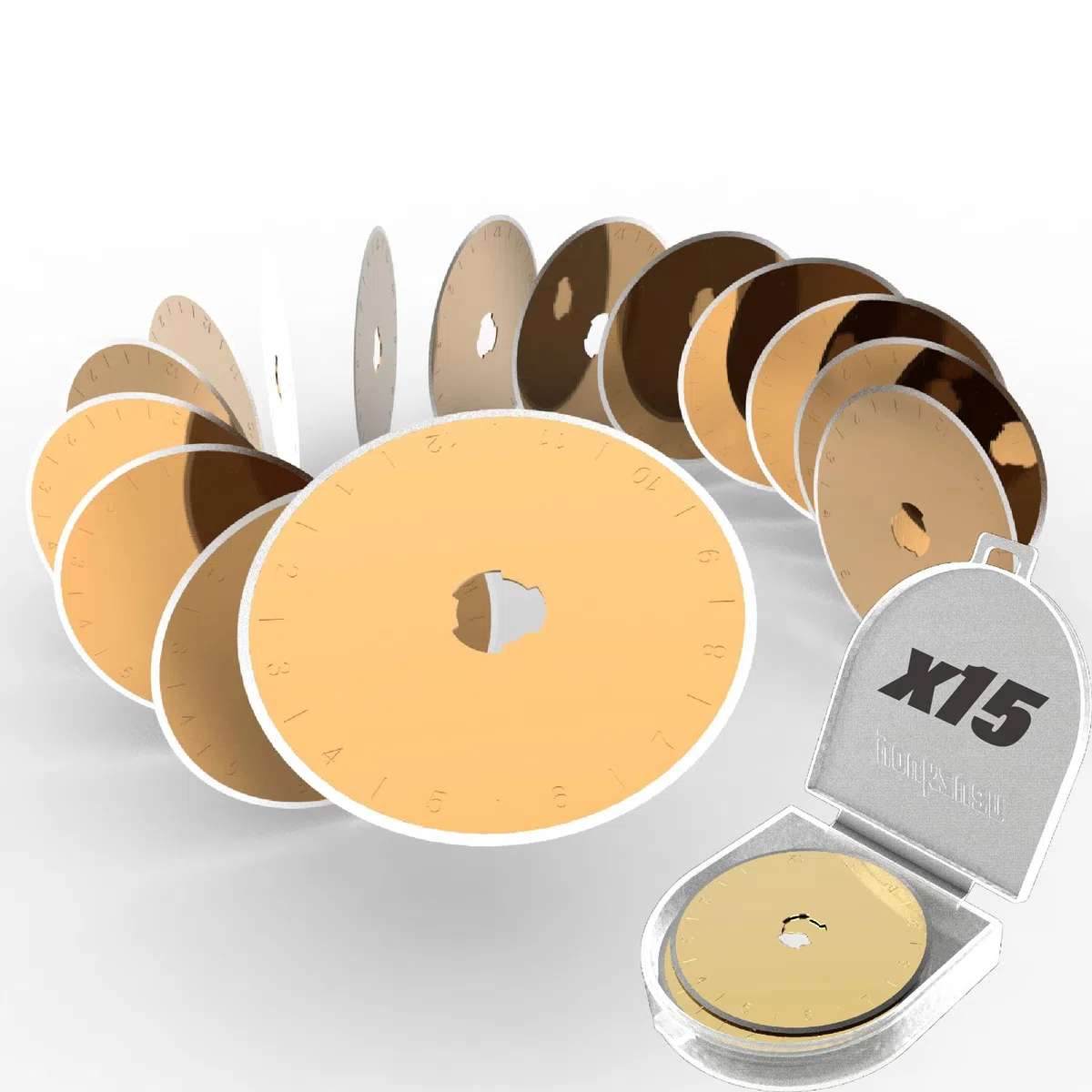 Paquete de 15 cuchillas de corte giratorias con revestimiento de titanio de 45 mm, suministros de acolchado de 45 mm, cuchillas de corte giratorias para tela, compatibles con OLFA, Fiskars