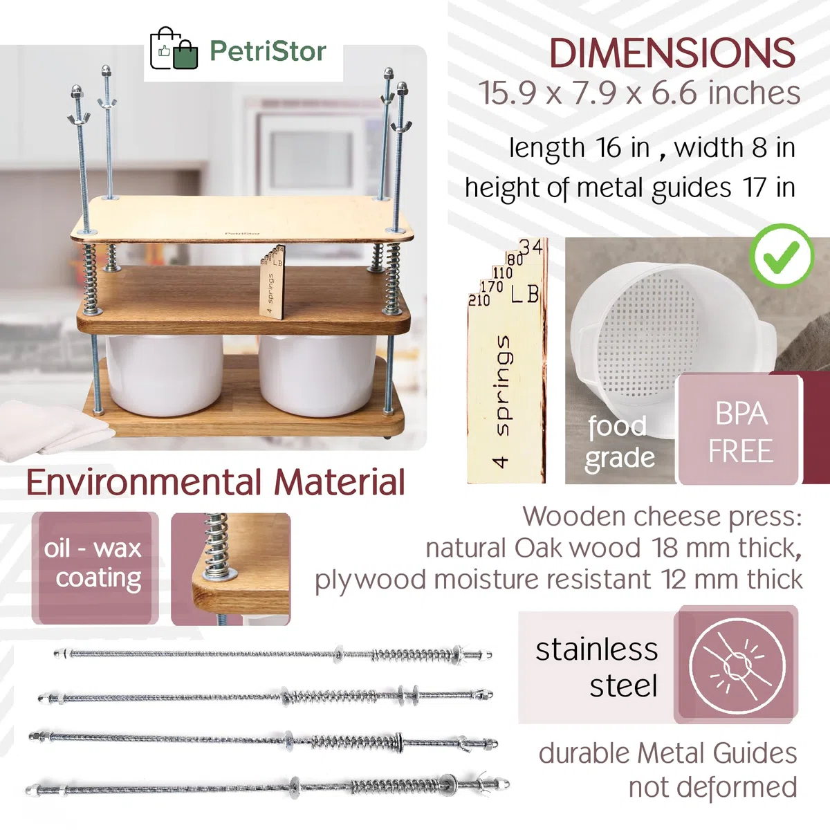 Prensa de queso para hacer queso de 40 cm, roble natural, 18 mm de grosor, kit de fabricación de queso con prensa de queso de madera y 2 moldes de queso de 1.8 L blanco