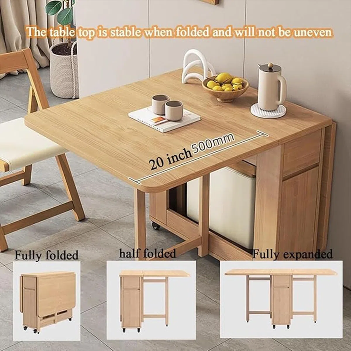 Juego de mesa de comedor plegable de madera maciza extensible con 6 sillas acolchadas, diseño compacto que ahorra espacio para el hogar, sala de estar, restaurante y cocina móvil