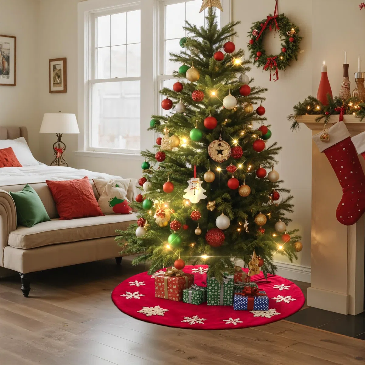 Lanpn Falda Cubre Pie para Arbol de Navidad de 90cm, Grande Terciopelo Copo de Nieve Redondas, Cubiertas para Base Alfombra para Decoración Navideña de Interiores (Rojo)