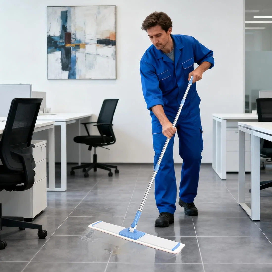 CQT Sistema de Limpieza de Piso de Microfibra Plana Comercial, 61 cm, para Mojado y seco y Polvo de Madera Dura con 4 Almohadillas Lavables, Limpiador para Azulejos laminados, Mango y extensión de