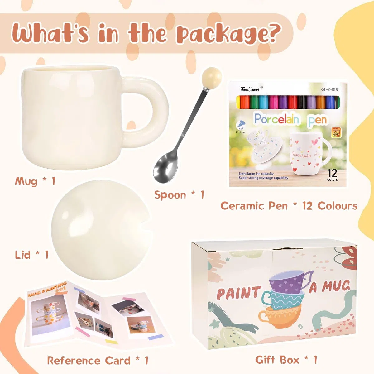 KKSJK Pintar Cerámica Kit Taza, Tapa, Asa y Cuchara, Taza Blanca y Rotuladores de Porcelana, Kit de Bricolaje Ocio Creativo para Adultos, Aptos para Lavavajillas