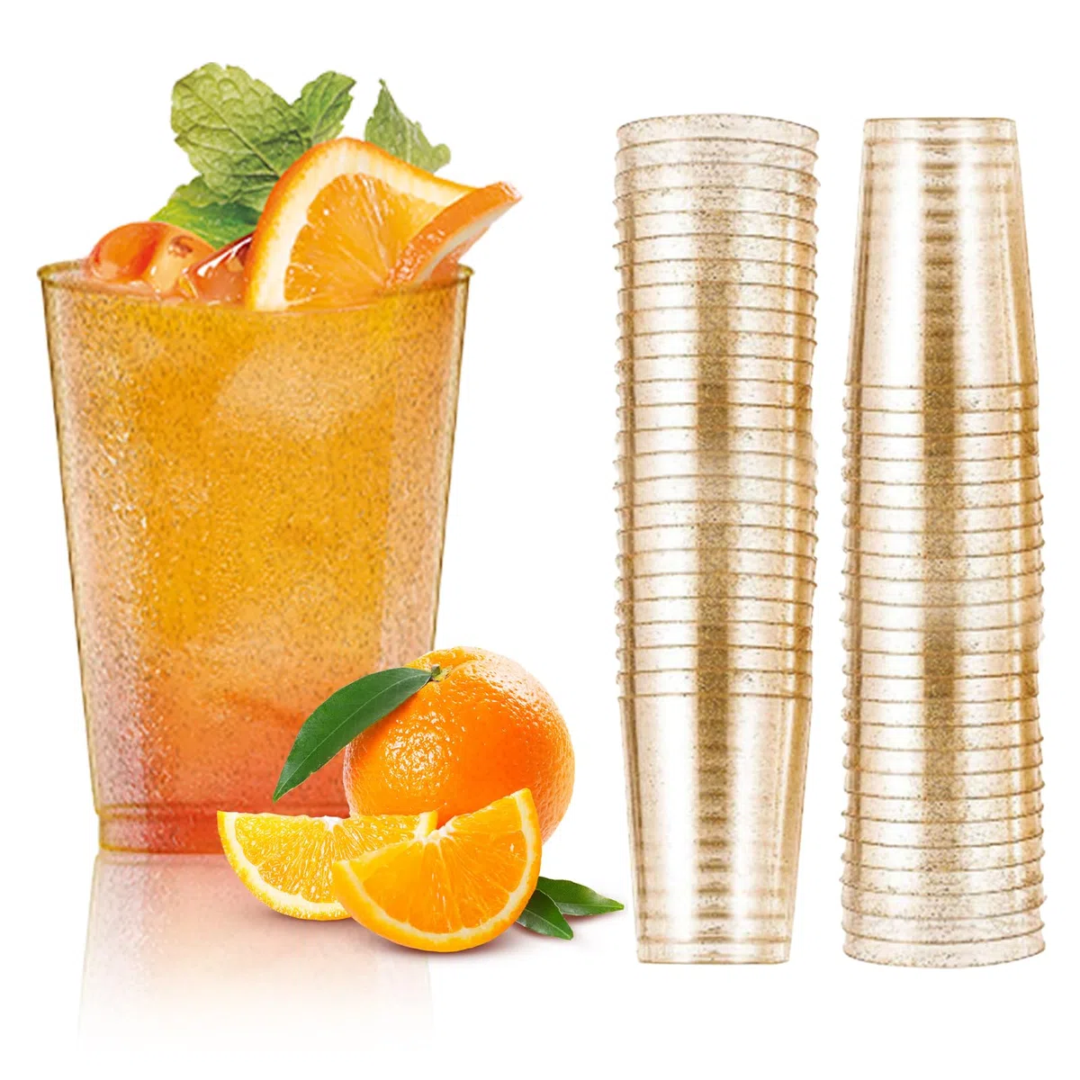 50 vasos de plástico de 300 ml, con purpurina dorada, reutilizables, para bodas, cumpleaños, cócteles, postres