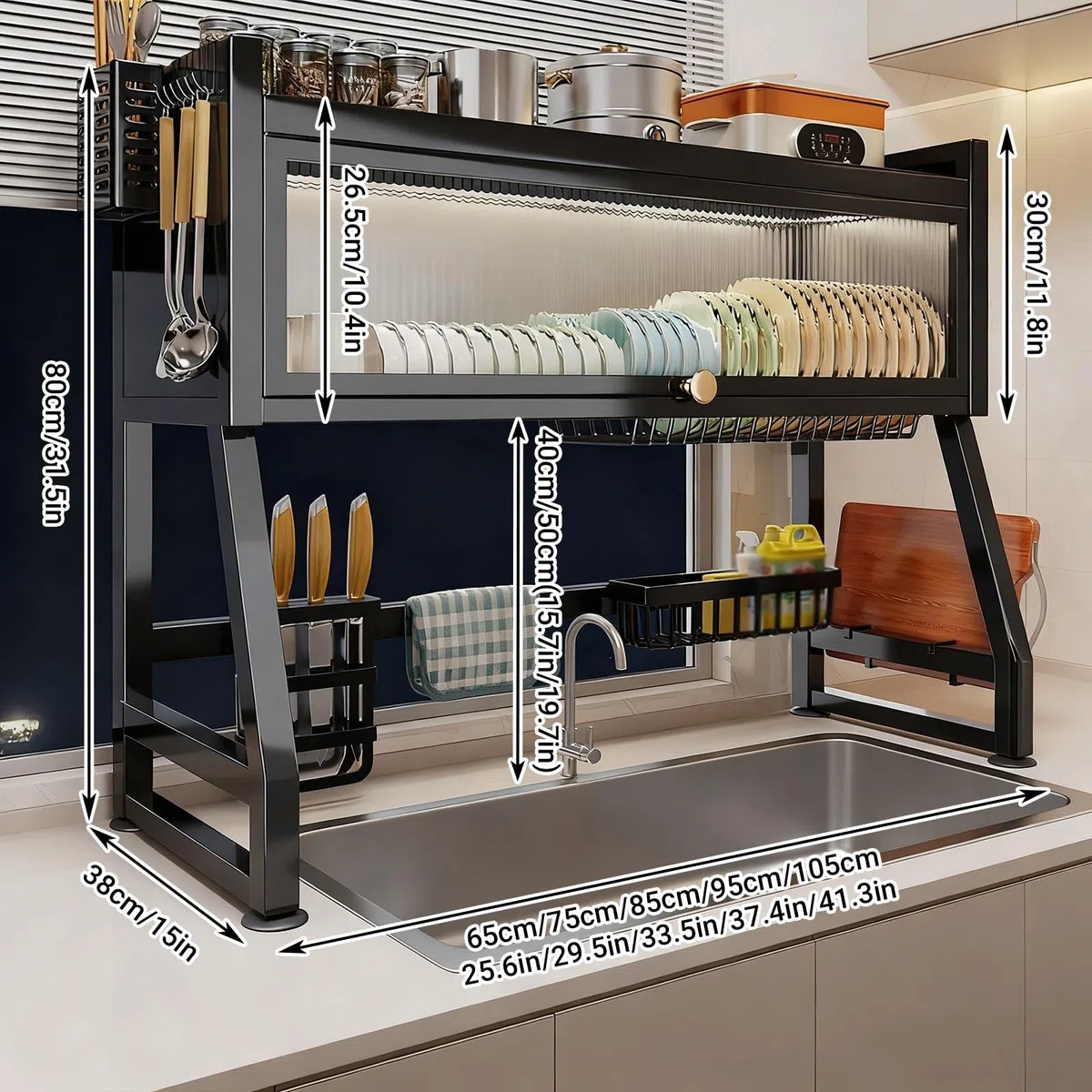 Escurridor de platos sobre el fregadero con tapa, organizador de almacenamiento de encimera de cocina para platos, vasos, cuencos y cubiertos