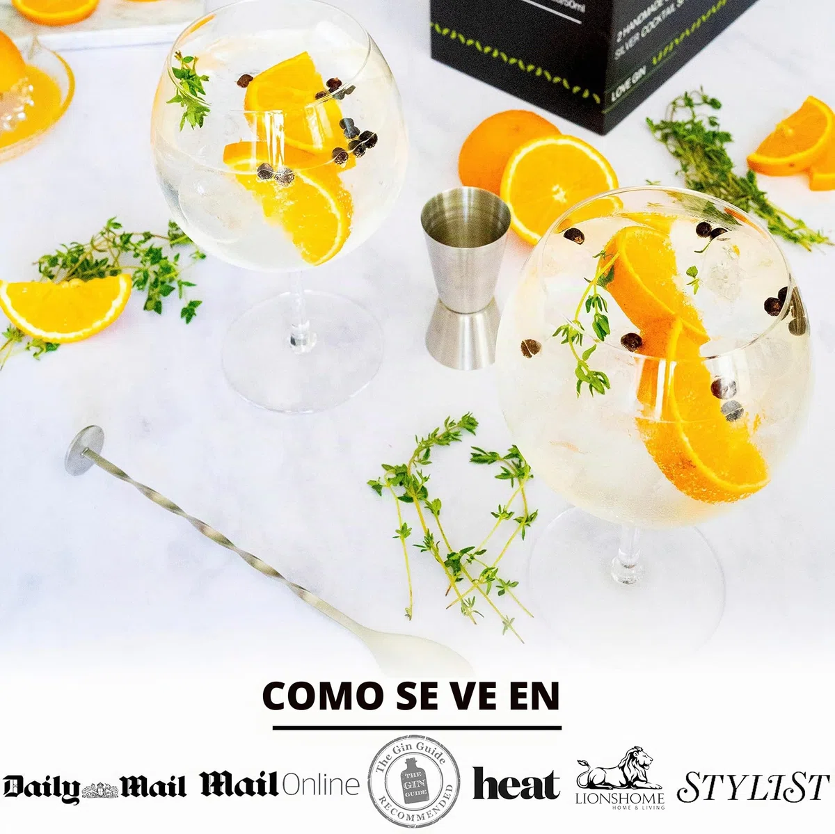 Vemacity Gin Tonic Glass for Gin Lovers - Juego de 2 vasos G&T hechos a mano. Cuchara de cóctel Plata, taza medidora de doble cara y copas de cóctel altas | E-Book Recetas Gratis (INGLÉS)