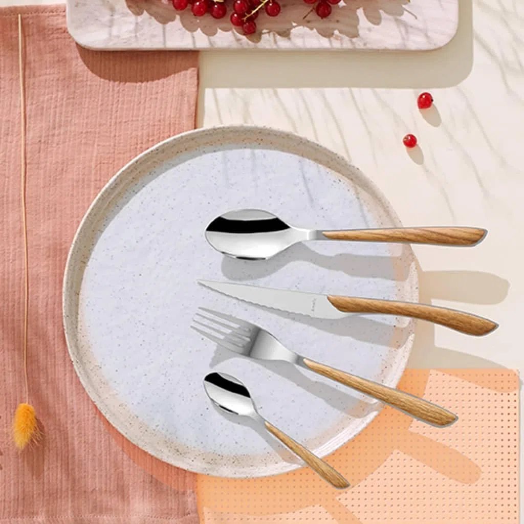AMEFA ECLAT NATURE - Cubertería para 4 personas (aspecto de madera/marrón), 16 piezas, con vetas finas de acero inoxidable 18/0, inoxidable y pulido brillante, apto para lavavajillas, juego de