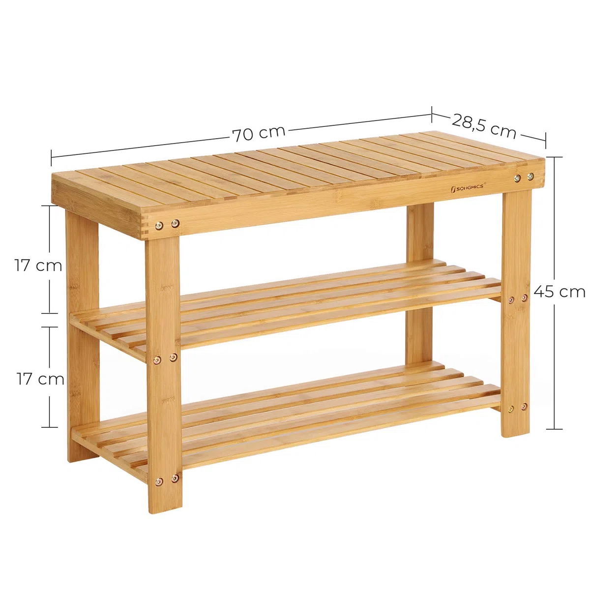 SONGMICS Banco Zapatero, Organizador de Zapatos de Bambú de 3 Niveles, Banco de Pasillo, Soporta hasta 130 kg, 28,7 x 70,1 x 45,3 cm, para Entrada, Baño, Dormitorio, Natural LBS04N