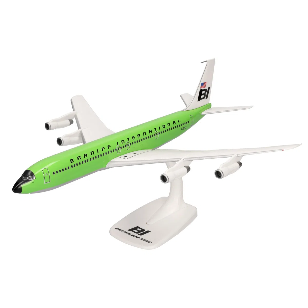 Herpa Miniatura del avión Braniff International Boeing 707-320 - Snap-Fit, Escala 1/144, Modelo prefabricado, maqueta de colección, modelismo, avión con Soporte, Figura plástico