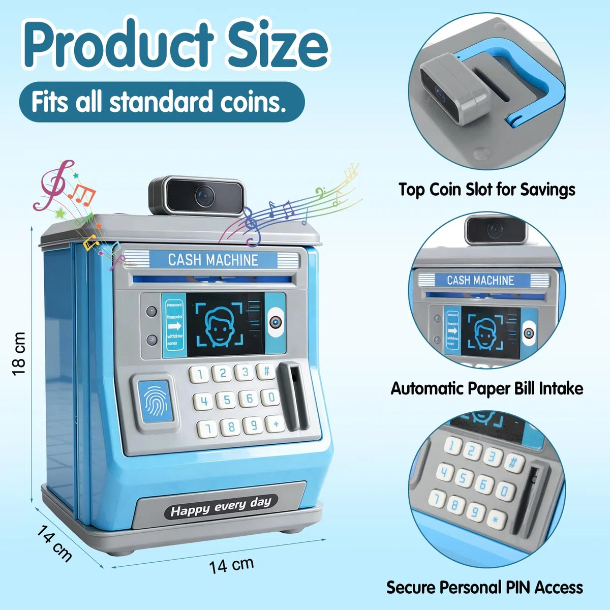 Hucha Electrónica para Niños y Niñas con Contraseña y Huella Dactilar, Cajero Automático de Juguete con Succión Automática, Huchas Originales Educativas, Regalo de Cumpleaños, 18x14x14cm, Azul