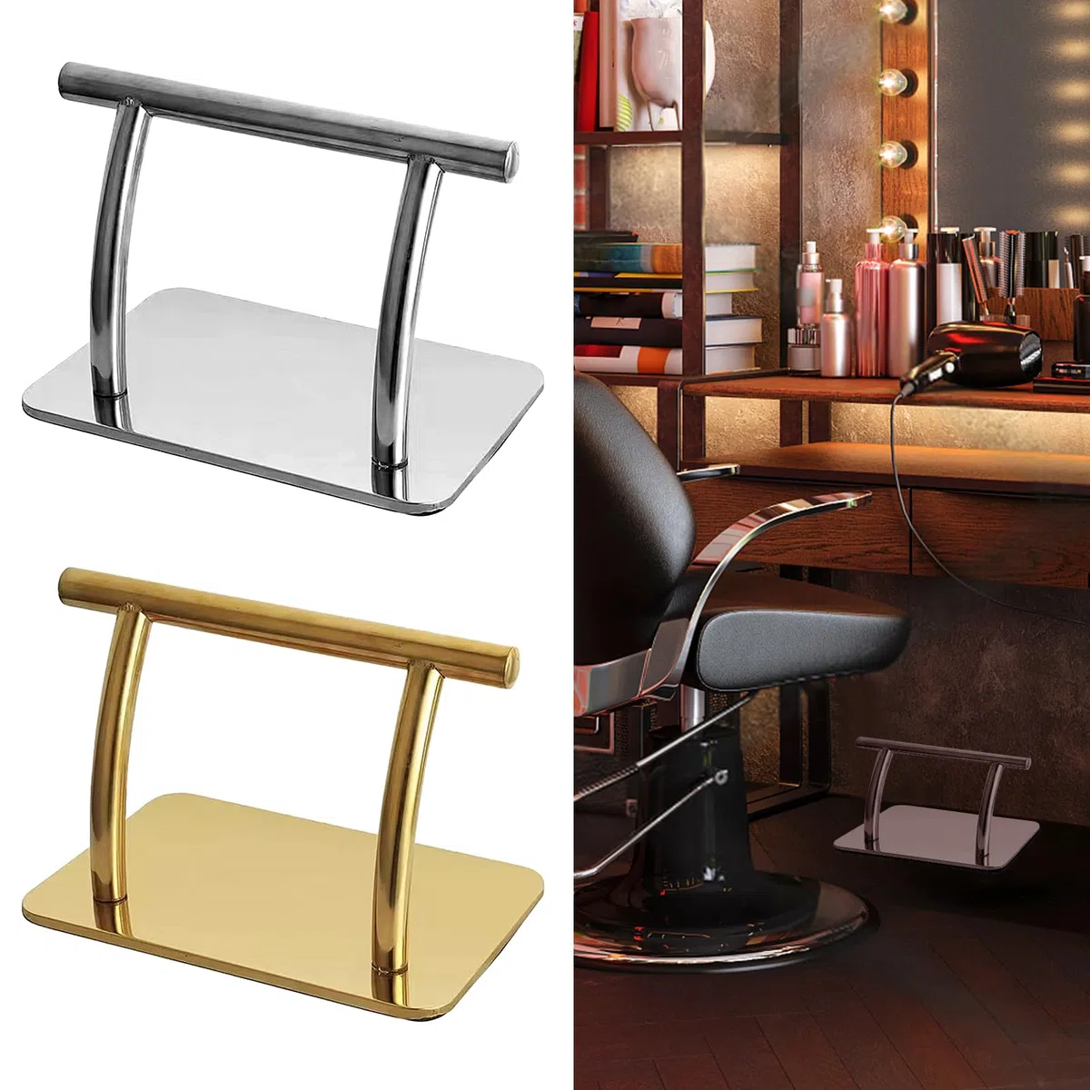 Reposapiés de acero inoxidable, reposapiés profesional móvil, piezas de pedal para peluquería, belleza, spa, masaje de uñas, sillas de salón, 29,8 cm x 18,9 cm x 20 cm (dorado)