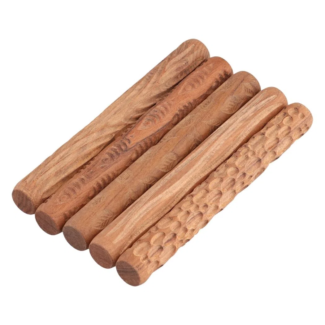 5 rodillos de patrón de modelado de arcilla, hojas de pescado de grano de madera, adoquines y texturas onduladas, rodillos de mano de madera para manualidades de cerámica, herramientas de escultura