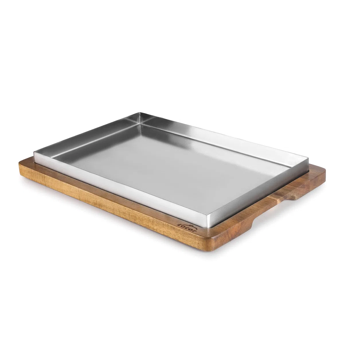 LACOR - 60831 - Llauna de Arroz, 26 x 18 cm, Bandeja de Acero Inoxidable, Base de Madera de Acacia, Ideal para Arroces, Guisos y Asados, Apta para Horno y Lavavajillas