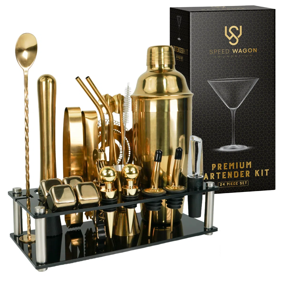 Mixology - Kit de coctelera Dorada de 24 Piezas con Soporte, Accesorios Esenciales para el hogar, coctelera de Martini, medidor, mortero, Cubos de enfriamiento y más