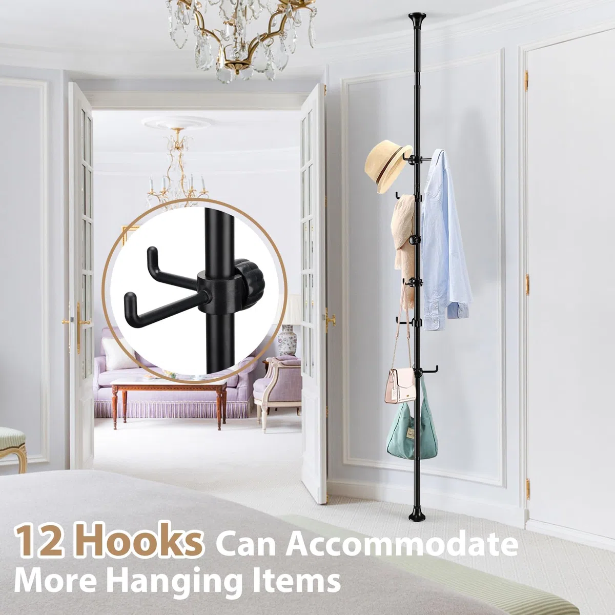 Perchero ajustable de 140 cm a 310 cm, negro con 12 ganchos para colgar abrigos, chaquetas, sombreros y bufandas, adecuado para salón, balcón, cocina