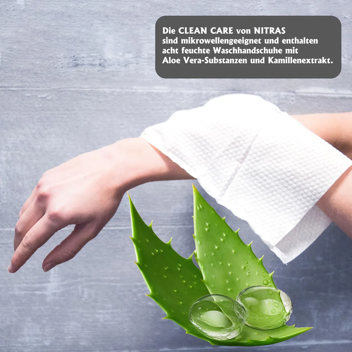 Nitras Clean Care - Manoplas húmedas desechables con aloe vera y manzanilla para cara, cuerpo, manos - 8 paños extra suaves y calentables de 23 x 14 cm (5)