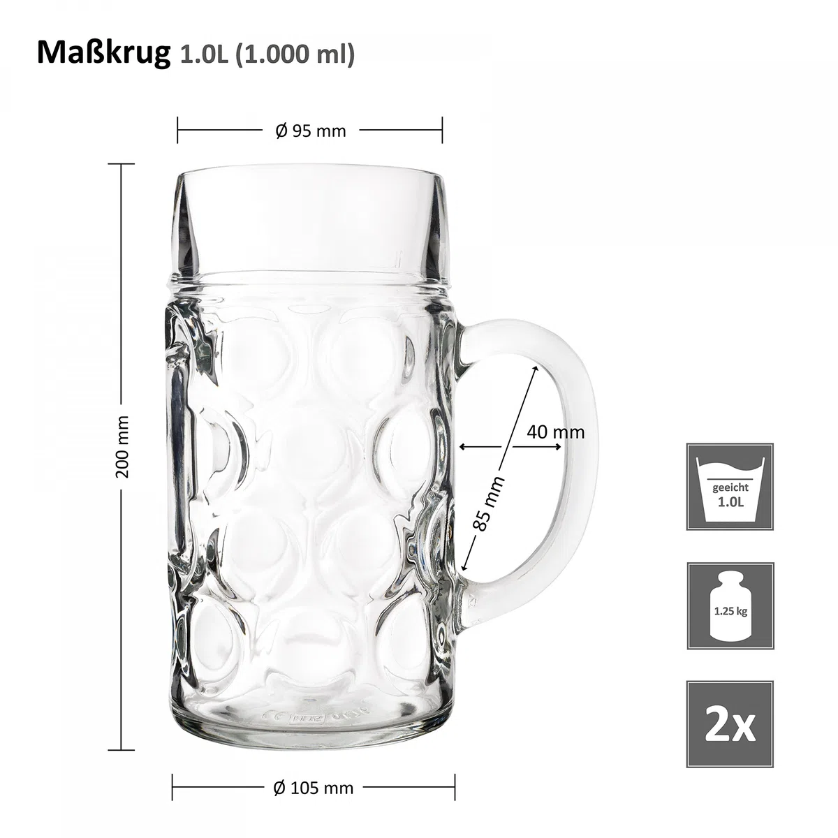 Van Well conjunto de 2 jarras de cervezas, de un litro, graduadas a 1L, jarras de cerveza con asa, apto para lavaplatos, se presta perfectamente para la gastronomía